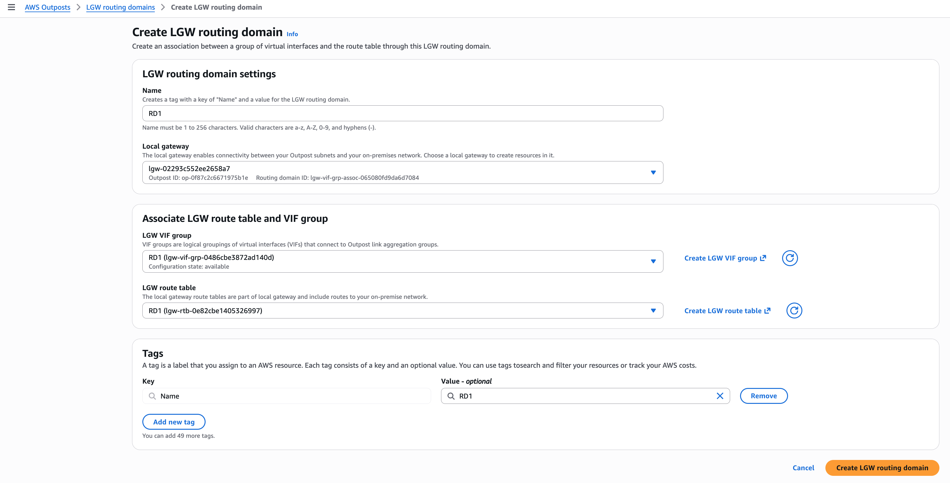 Create LGW routing domain form for RD1 example