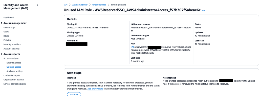 Screen Capture of the Identity and Access Management console showing a single unused IAM role finding under Access Reports, Access Analyzer, Unused access section.