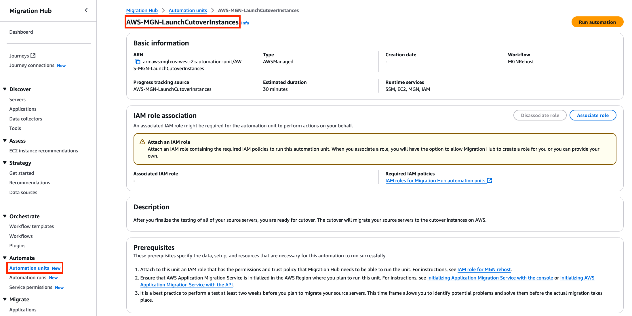 Figure 2 - AWS-MGN-LaunchCutoverInstances Automation unit