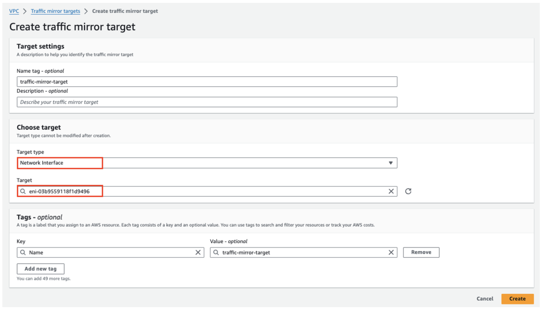 Figure 6: Create traffic mirror target