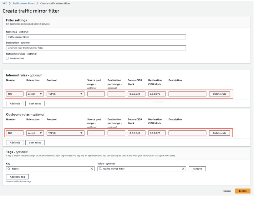 Figure 8: Create traffic mirror filter
