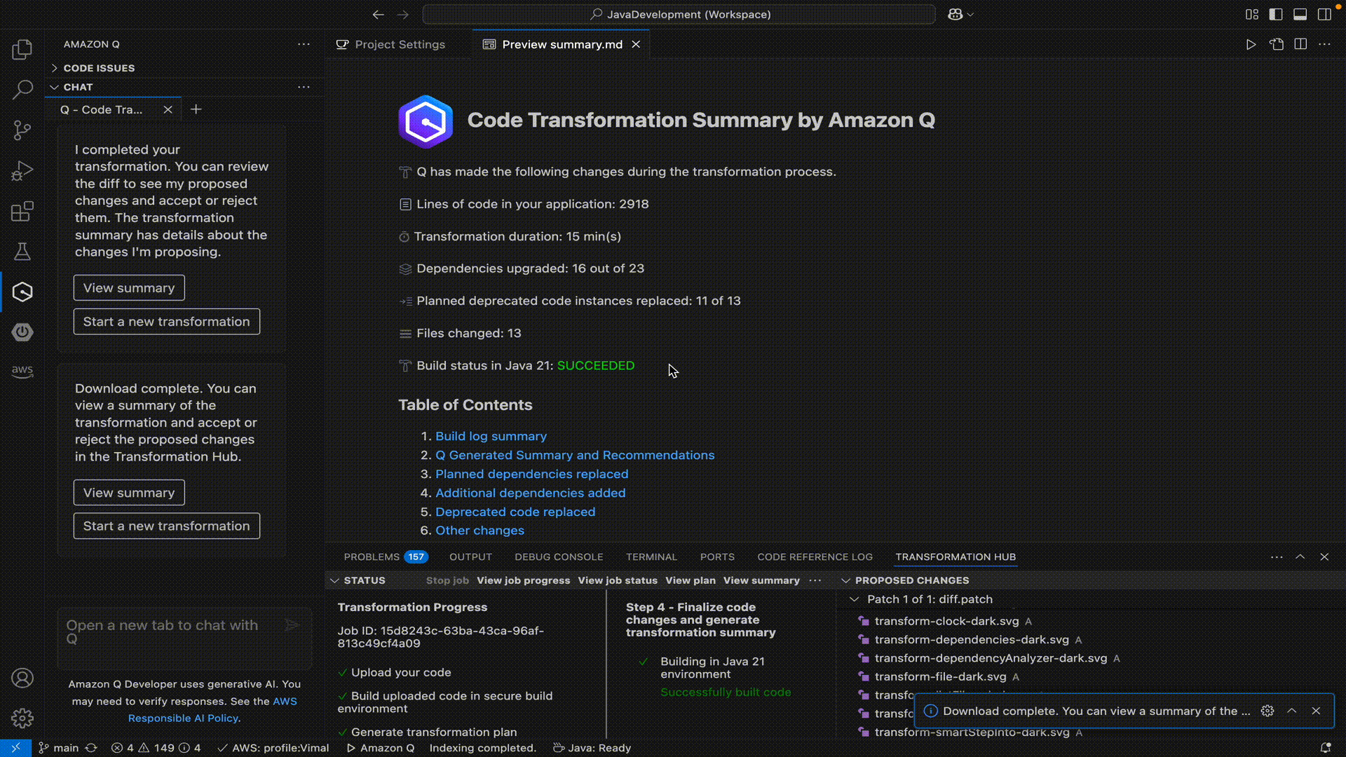 Amazon Q Developer generates the Code Transformation Summary after completion of the transformation process.