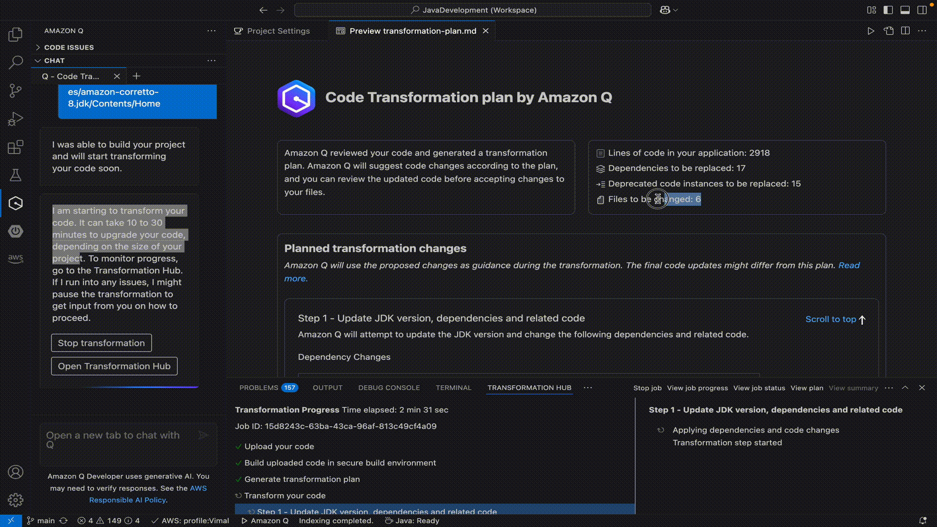 Amazon Q Developer generates Transformation Plan after the completion of /transform process