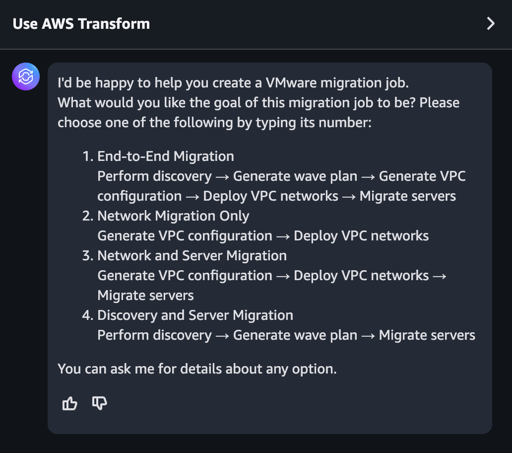 AWS Transform job options for VMware migrations.