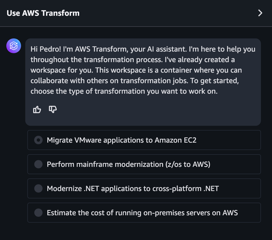 AWS Transform chat interface.