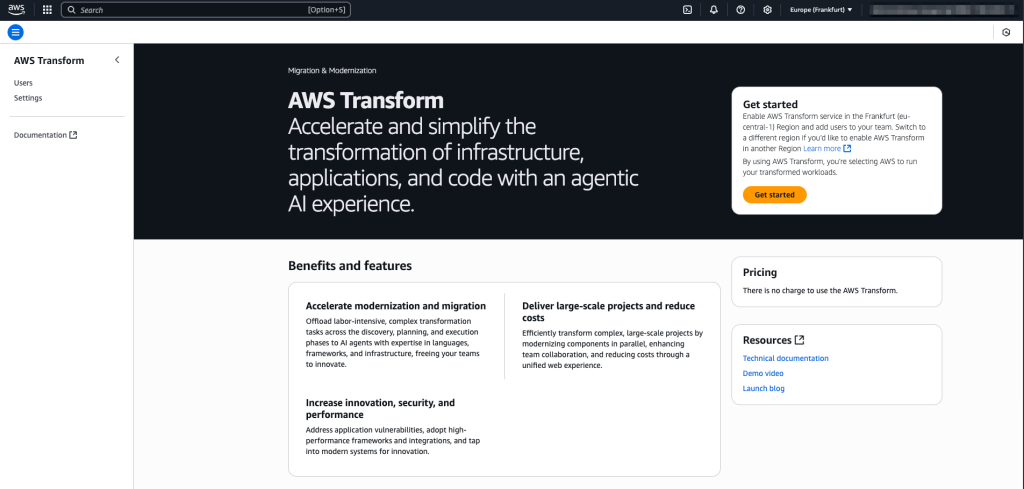 AWS Transform main page
