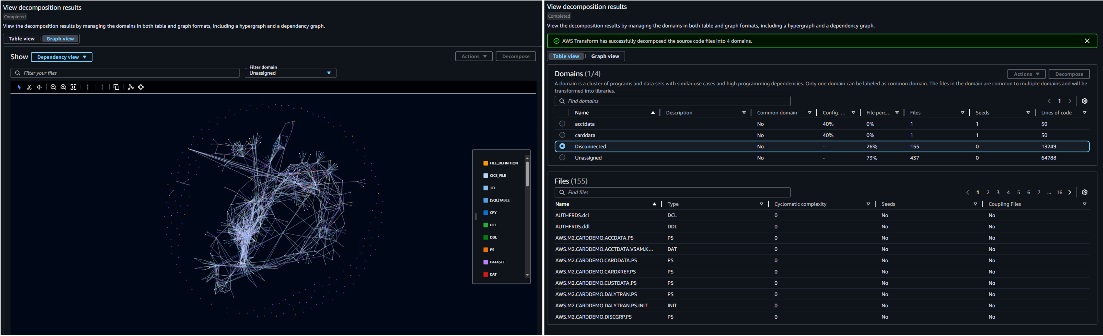 Figure 3: AWS Transform application decomposition with interactive relationship visualization