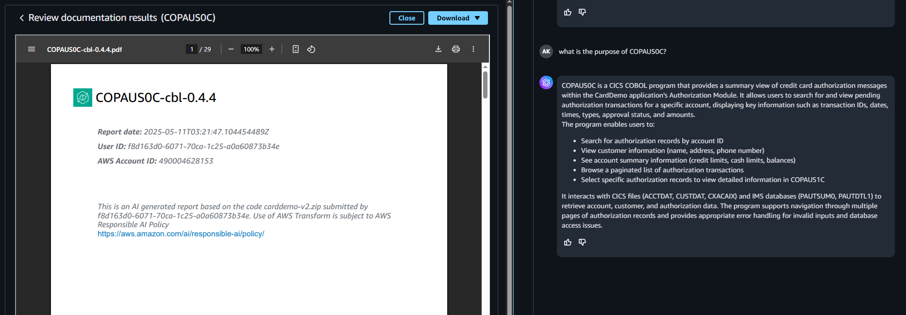 Figure 2: AWS Transform document generation with chat interface