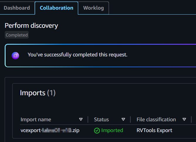 A successful import into AWS Transform.