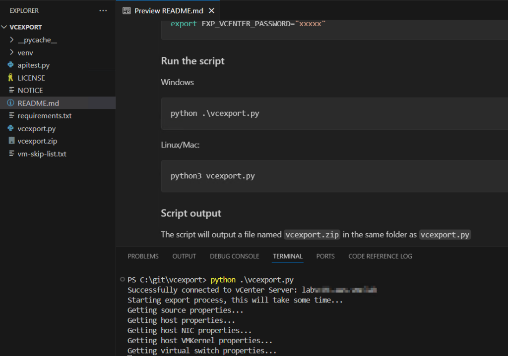 Running Export for vCenter