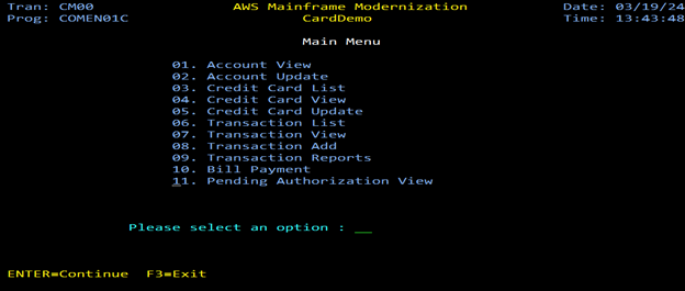 Figure 3 - CardDemo main menu