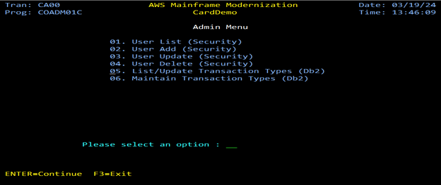 Figure 5 - CardDemo admin menu