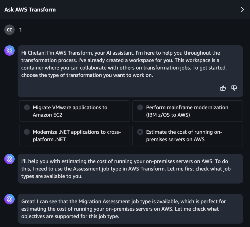Figure 1: Screenshot of AWS Transform assessment job kickoff
