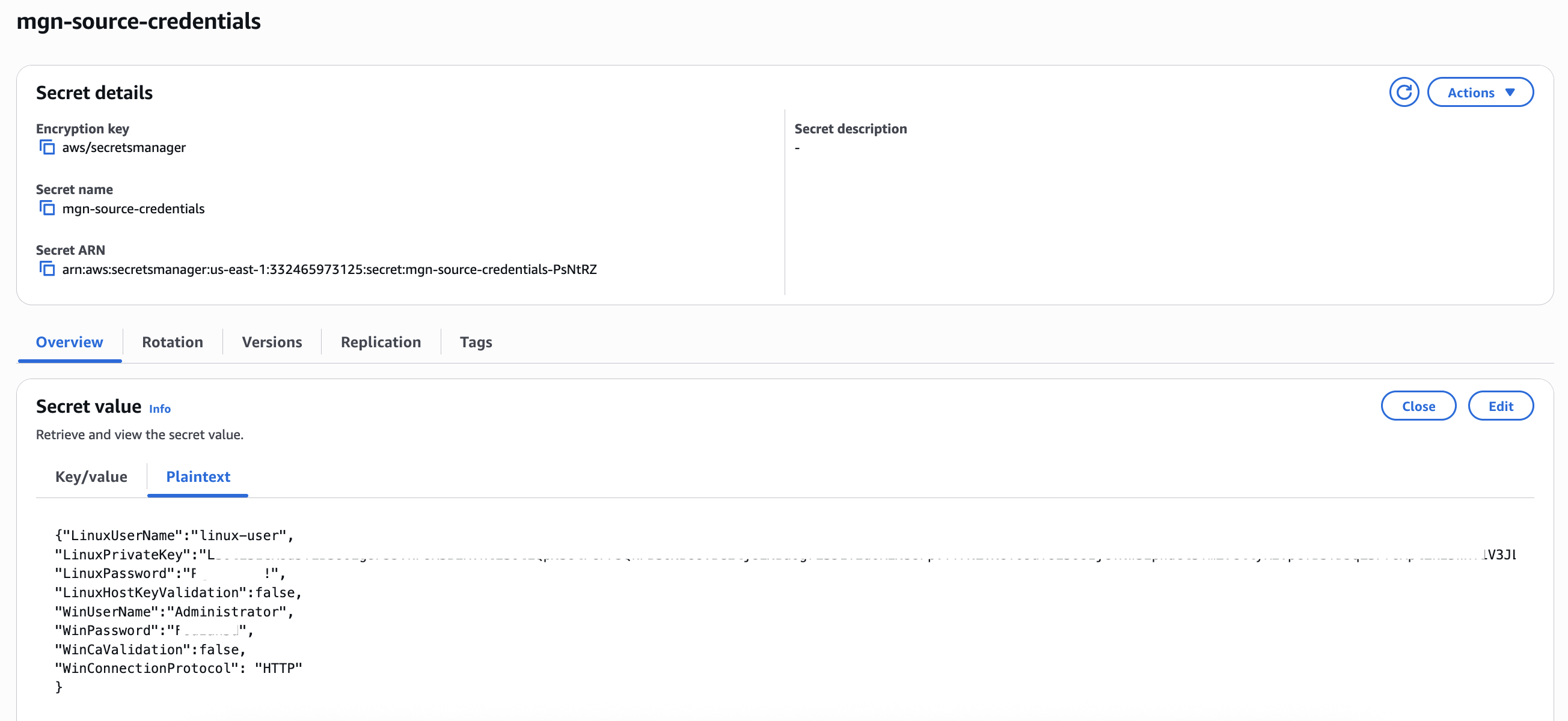 AWS Secrets Manager Secret for MGN Connector Source server credentials