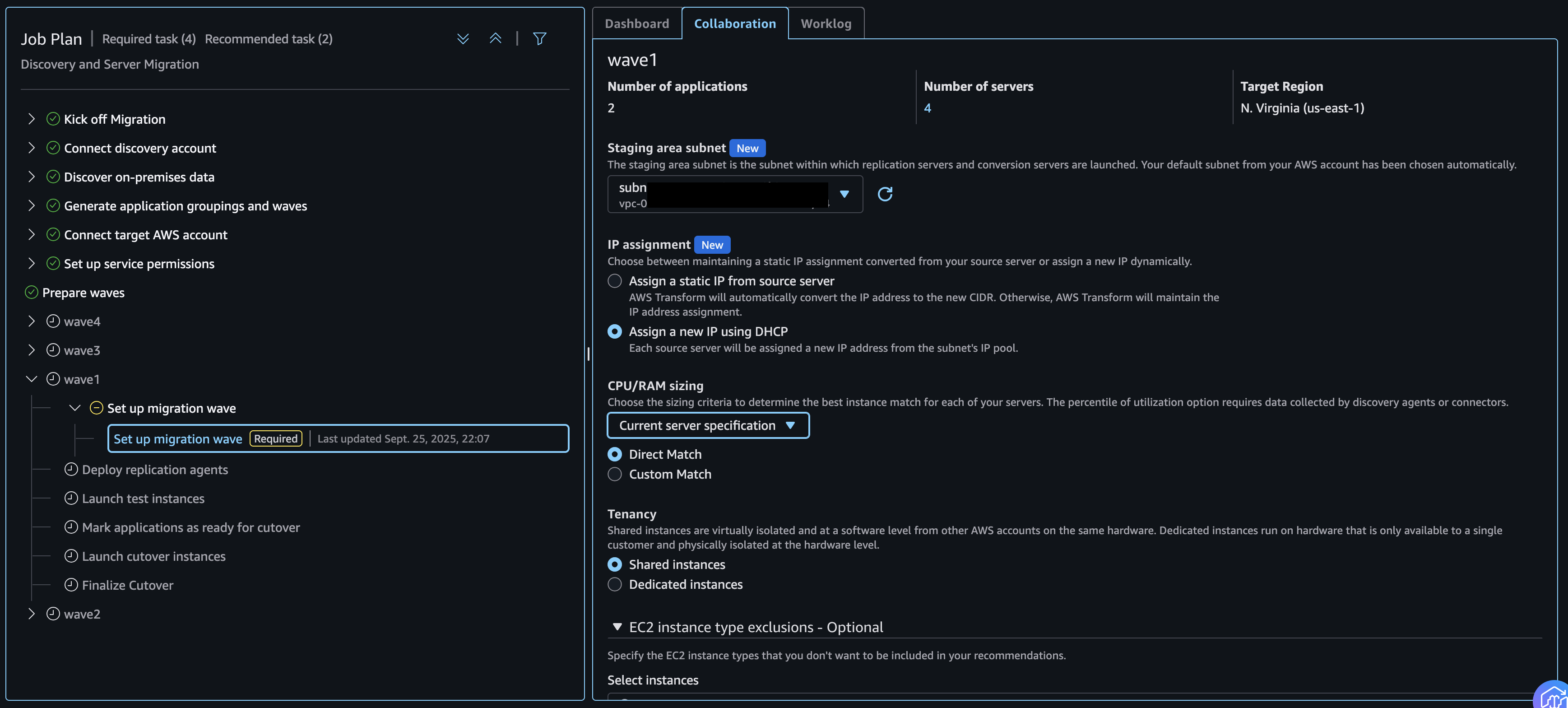 AWS Transform setup migration wave