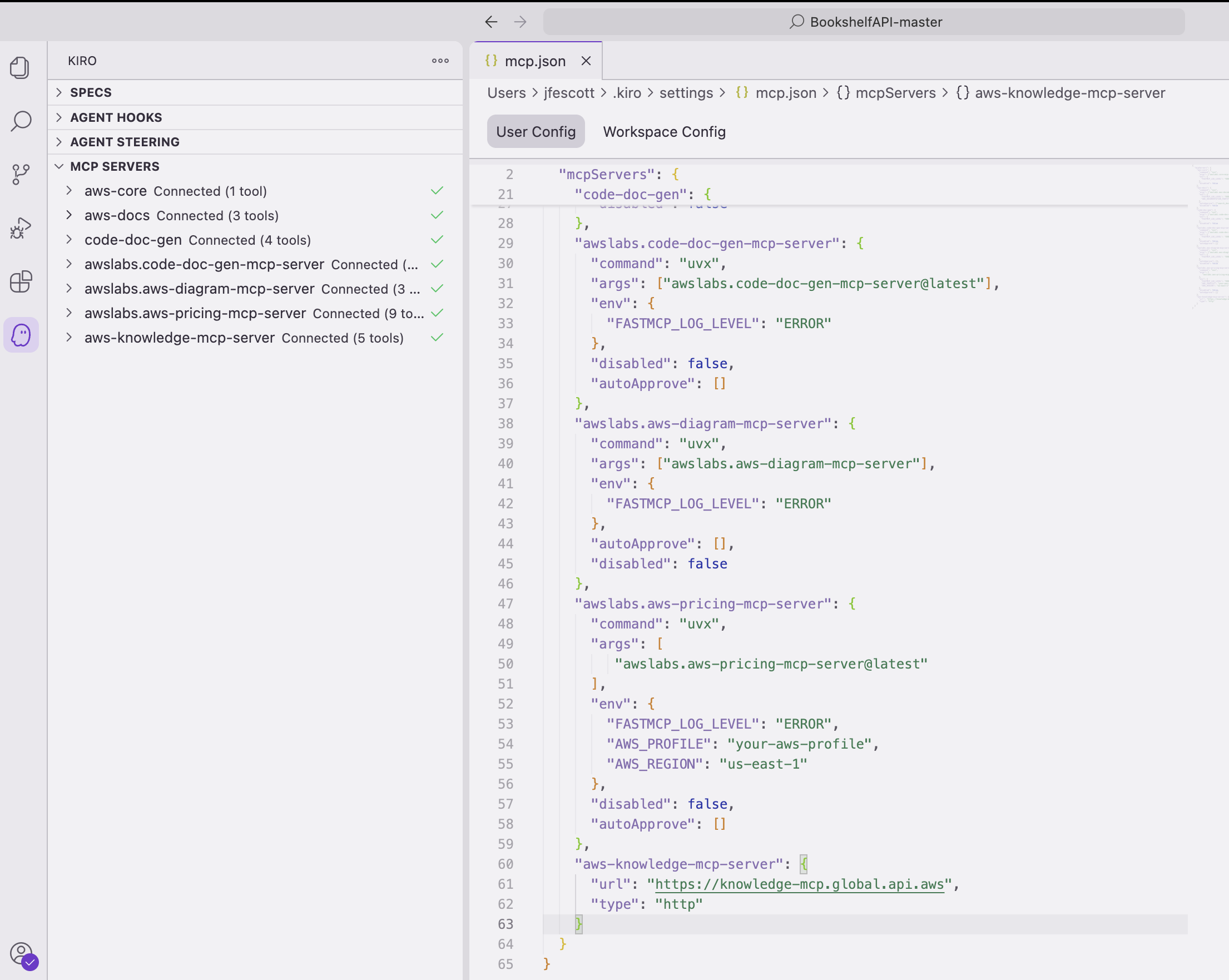 Figure 8 - MCP configuration panel and JSON with Kiro