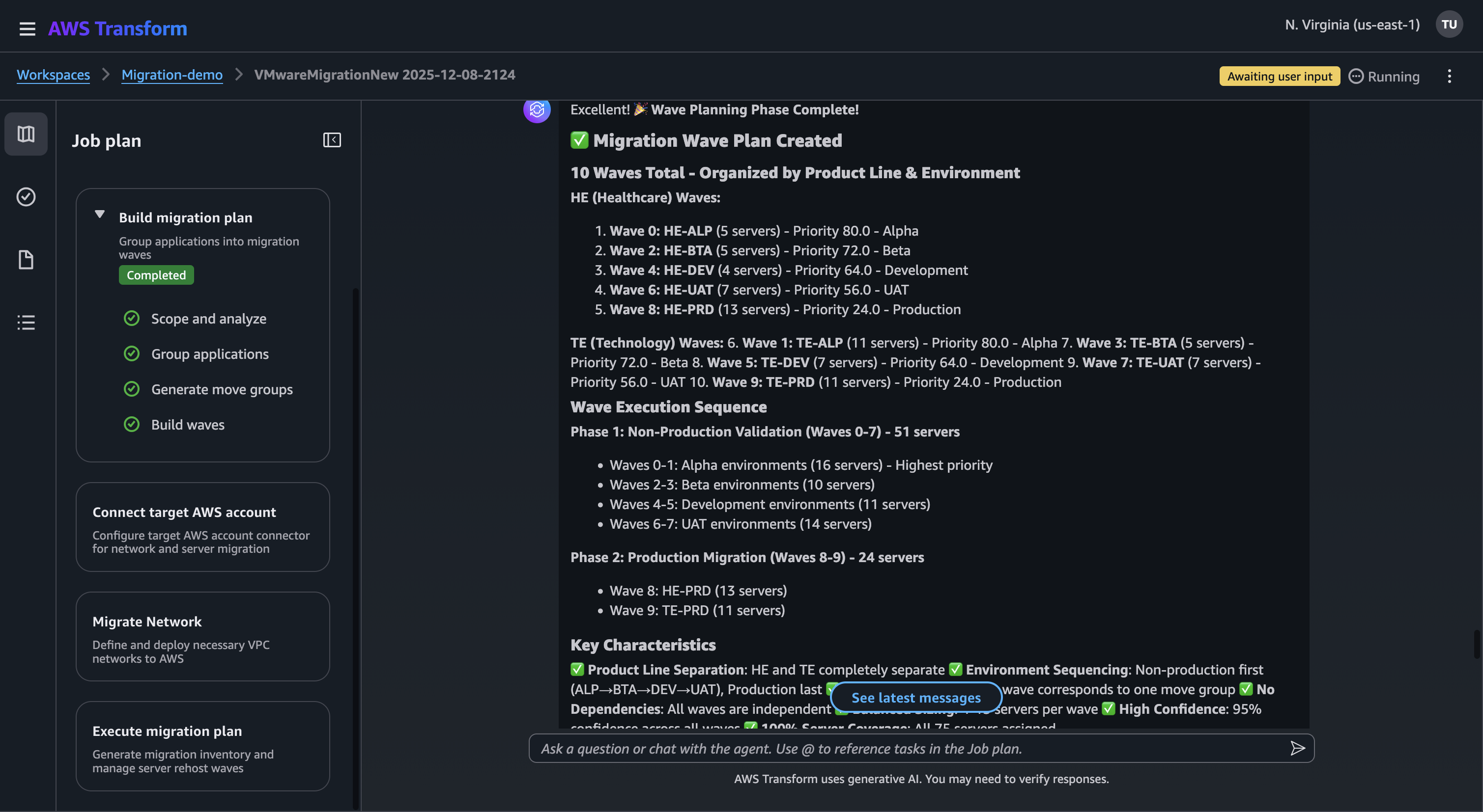 AWS Transform for VMware job on migration plan step with generated wave plans