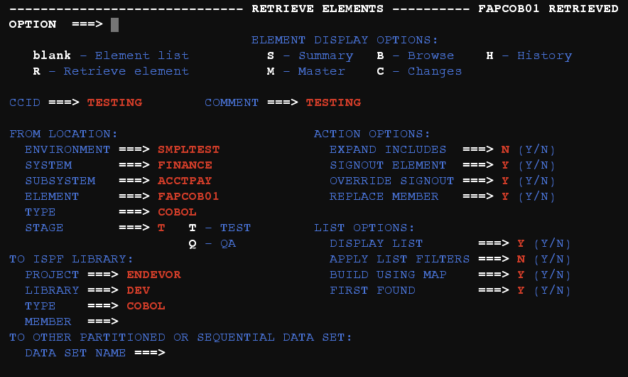 Sample mainframe application components and their descriptions