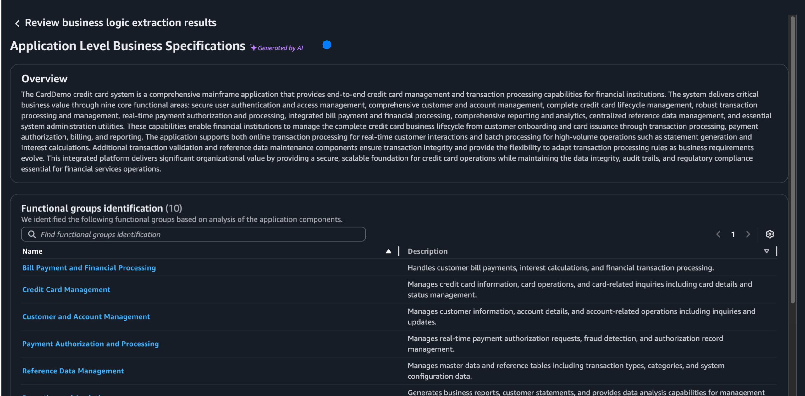 Application overview and identification of business function via business logic extraction (BLE)