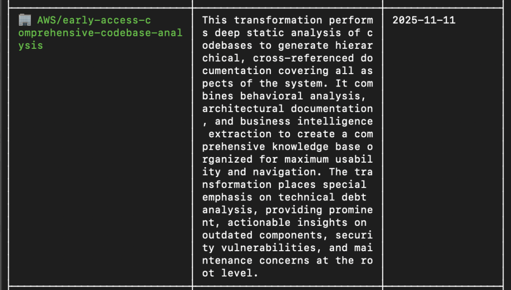 Terminal output showing the 'atx custom def list' command displaying a table with the AWS/early-access-comprehensive-codebase-analysis transformation listed, including its description of performing deep static analysis to generate hierarchical cross-referenced documentation and version date 2025-11-11