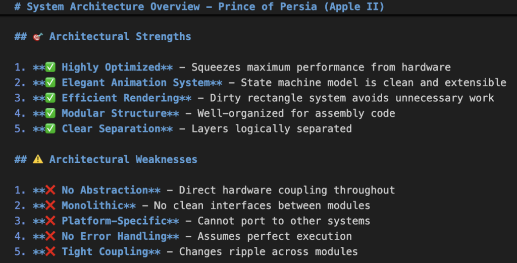 System architecture documentation for Prince of Persia showing architectural strengths including highly optimized performance, elegant animation system, and modular structure, plus architectural weaknesses such as no abstraction, monolithic design, and tight coupling