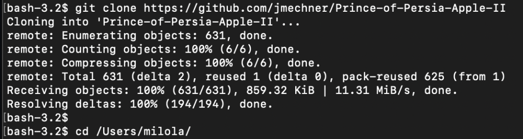 Terminal window displaying git clone command cloning the Prince of Persia Apple II repository from GitHub, showing enumeration and compression progress