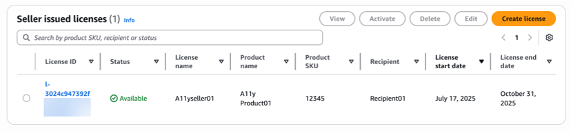 AWS License Manager seller-issued licenses dashboard displaying one active license entry. The table shows License ID l-3024:9447592f with Available status, assigned to license name A11yseller01 and product name A11y Product01. Additional details include recipient ID [CREDIT_DEBIT_CARD_NUMBER], license start date July 17, 2025, and expiration date October 31, 2025. Interface includes View, Activate, Delete, Edit, and Create license action buttons.