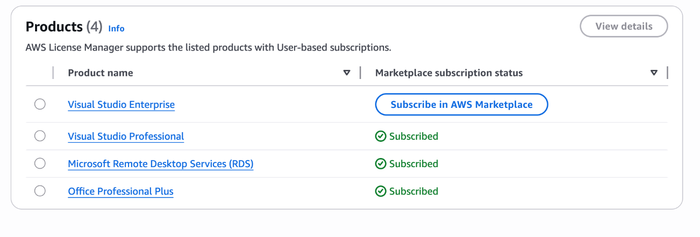 AWS License Manager user subscriptions dashboard displaying four Microsoft products with marketplace subscription status. The table shows Visual Studio Enterprise with "Subscribe in AWS Marketplace" button (unsubscribed), Visual Studio Professional with green checkmark and "Subscribed" status, Microsoft Remote Desktop Services (RDS) with green checkmark and "Subscribed" status, and Office Professional Plus with green checkmark and "Subscribed" status. The interface includes a "View details" button in the top right corner