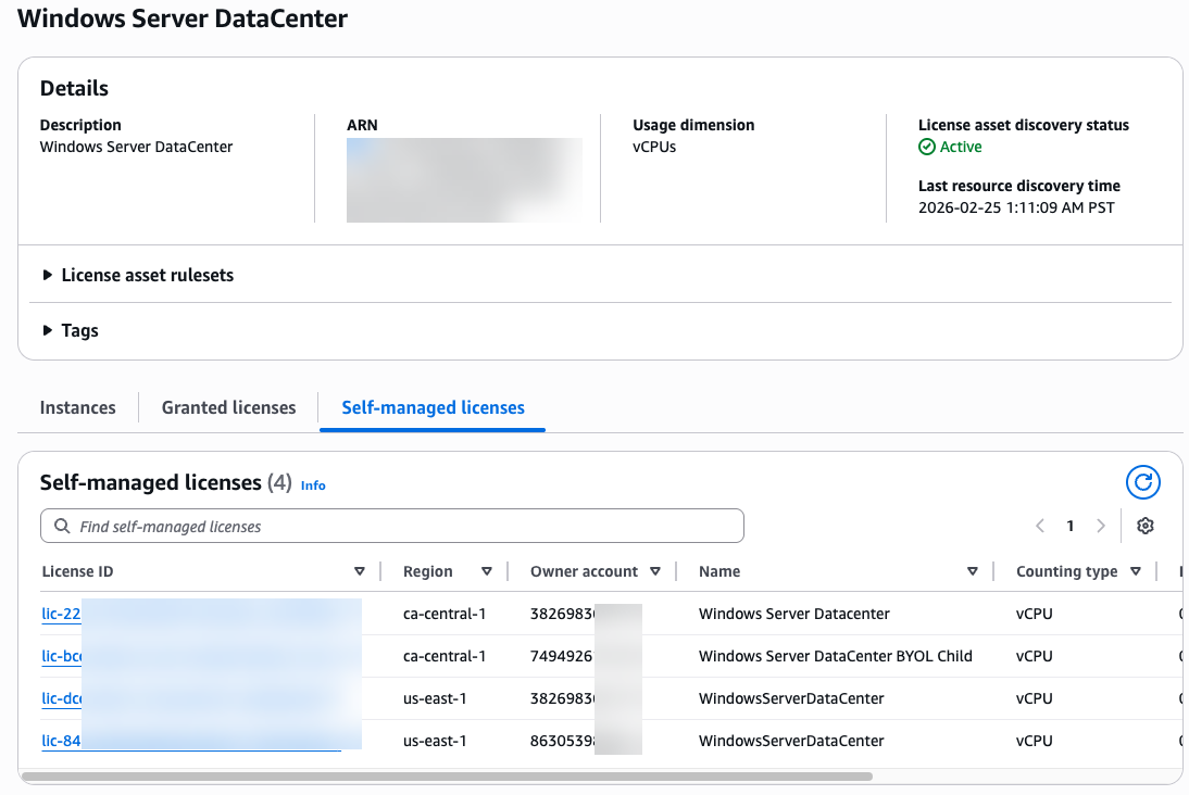 AWS License Manager console displaying Windows Server DataCenter license configuration. The details panel shows an active license asset discovery status with last resource discovery on 2026-02-25, using vCPUs as the usage dimension. Below, the Self-managed licenses tab displays a table with four licenses (lic-22, lic-bc, lic-dc, and lic-84) distributed across ca-central-1 and us-east-1 regions, with owner account numbers and counting type set to vCPU for Windows Server Datacenter and BYOL Child configurations