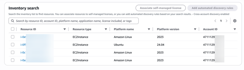 AWS License Manager inventory search interface displaying a searchable table with four EC2 instances. The table shows resource IDs, resource types (EC2Instance), platform names (Amazon Linux and Ubuntu), platform versions (2023 and 24.04), and account ID 4711129. The interface includes options to associate self-managed licenses and add automated discovery rules, with cross-account resource discovery enabled