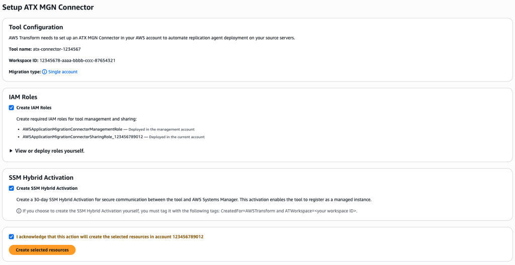 In this screenshot, the user performs an automatic setup of the IAM Roles and SSM Hybrid Activation required to install MGN Connector
