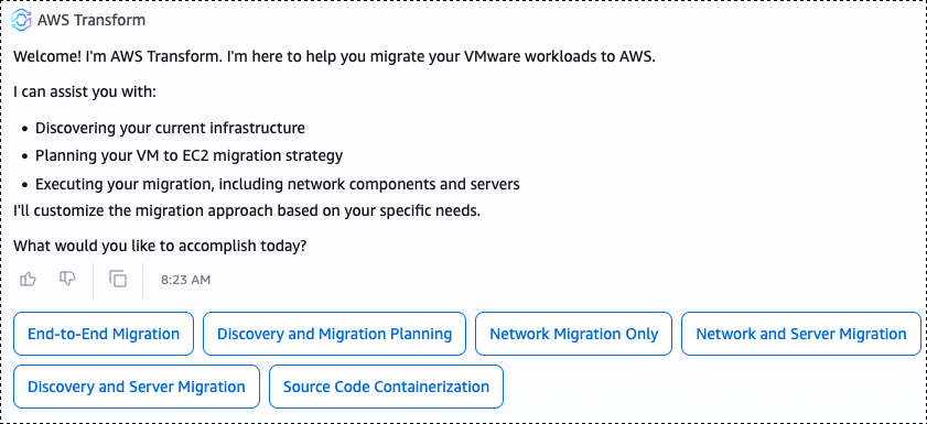 AWS Transform console showing the job creation dialog. The user selects Migration as the job type, then VMware Migration, and chooses the Source Code Containerization option from the available workflow choices.
