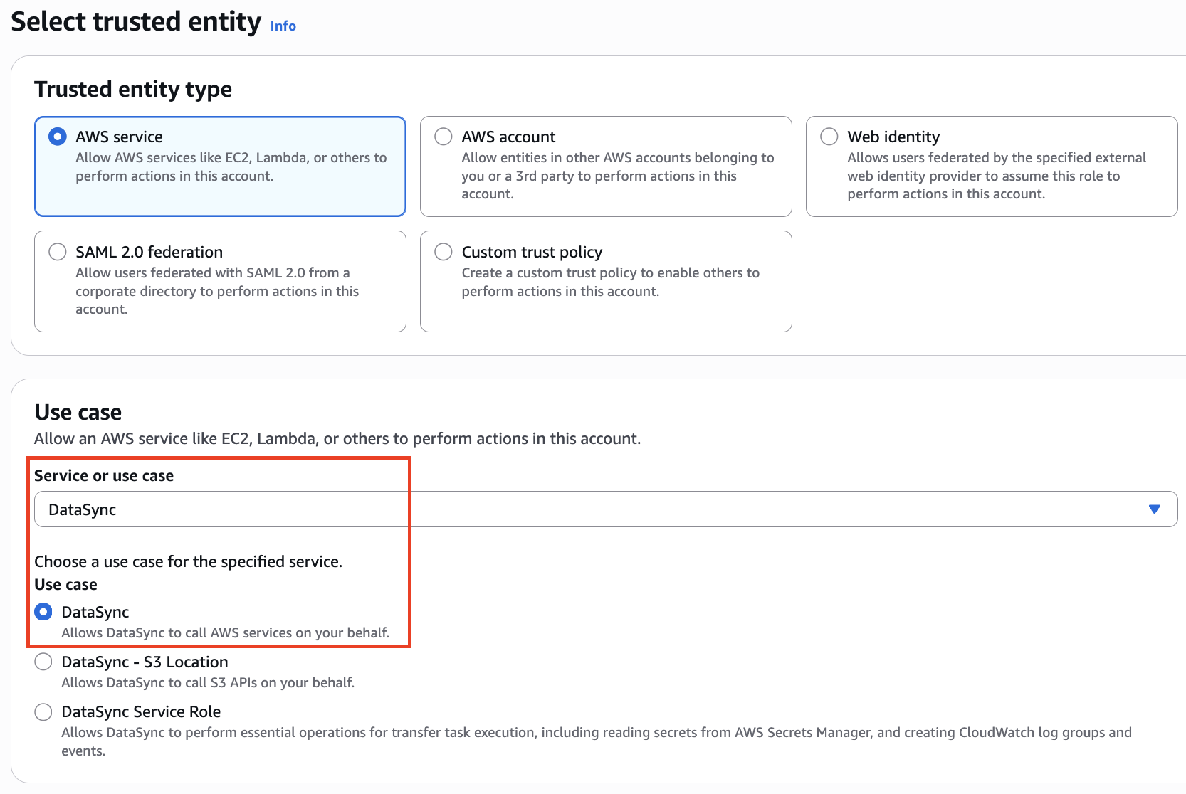 Figure 3: Selecting the trusted entity and use case for the DataSync IAM role. [ALT text: IAM console "Select trusted entity" page showing "AWS service" selected as the trusted entity type. In the Use case section, "DataSync" is selected from the "Service or use case" dropdown, and the "DataSync" radio button is chosen under Use case, which allows DataSync to call AWS services on your behalf. Red boxes highlight the service selection and use case fields.]