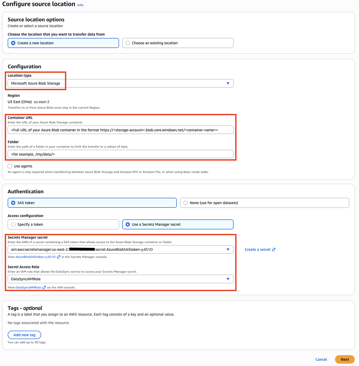Figure 5: Configuring the Azure Blob source location in DataSync. [ALT text: AWS DataSync console showing the "Create source location" page with Microsoft Azure Blob Storage selected as the location type. The Container URL field shows the Azure Blob endpoint format, and the SAS token configuration is set to "Use a Secrets Manager secret" with the IAM role and secret ARN specified.]