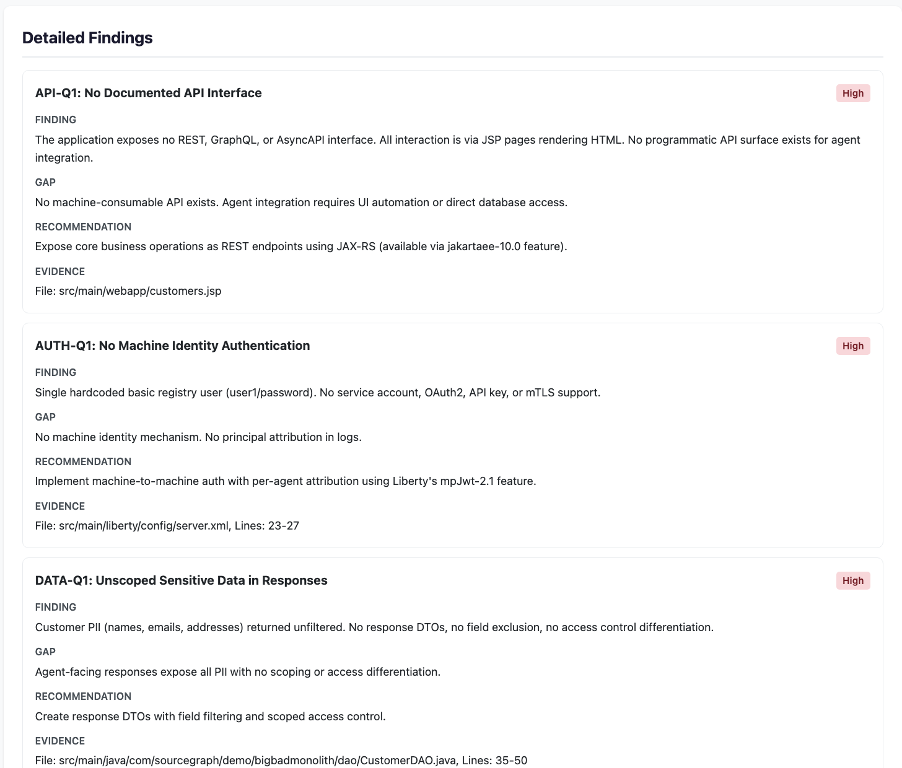 Detailed findings view showing individual ARA findings with severity, file-level evidence, and remediation recommendations