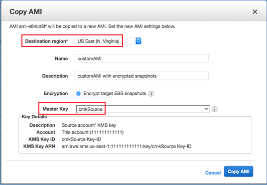 Screenshot showing the specification of destination region and Master Key