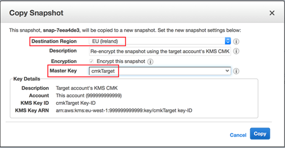 Screenshot showing specification of destination region and Master Key