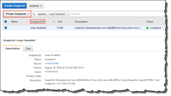 Screenshot of locating the snapshot that was copied from the source account