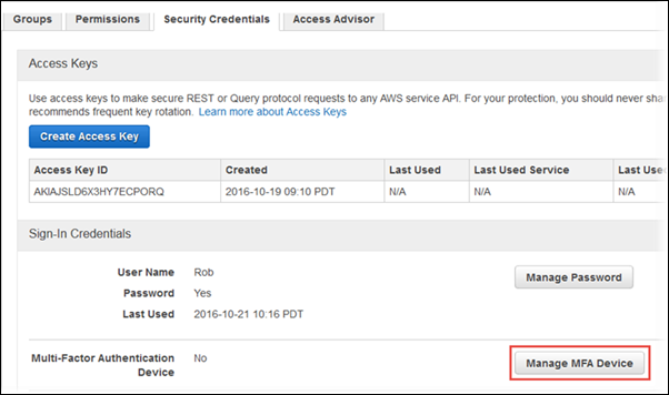 Screenshot of Manage MFA Device button Screenshot of Manage MFA Device button