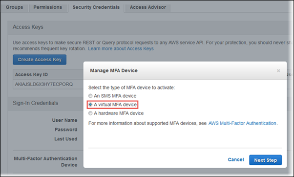 Screenshot showing the selection of "A virtual MFA device"