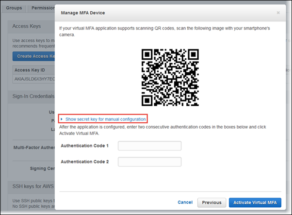 Screenshot showing selection of "Show secret key for manual configuration" Screenshot showing selection of "Show secret key for manual configuration"