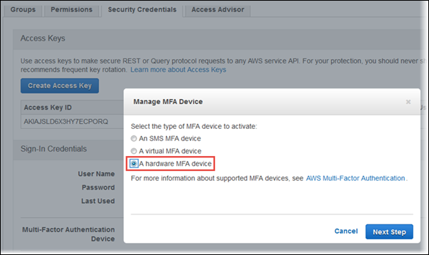 Screenshot of choosing "A hardware MFA device"