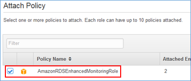 Screenshot of choosing AmazonRDSEnhancedMonitoringRole