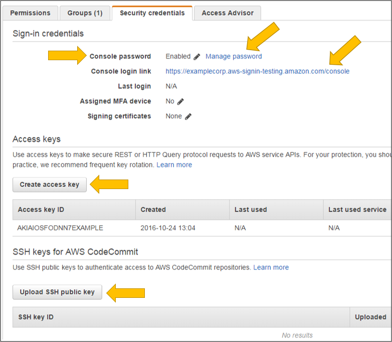 Screenshot of updates made to the "Security credentials" tab