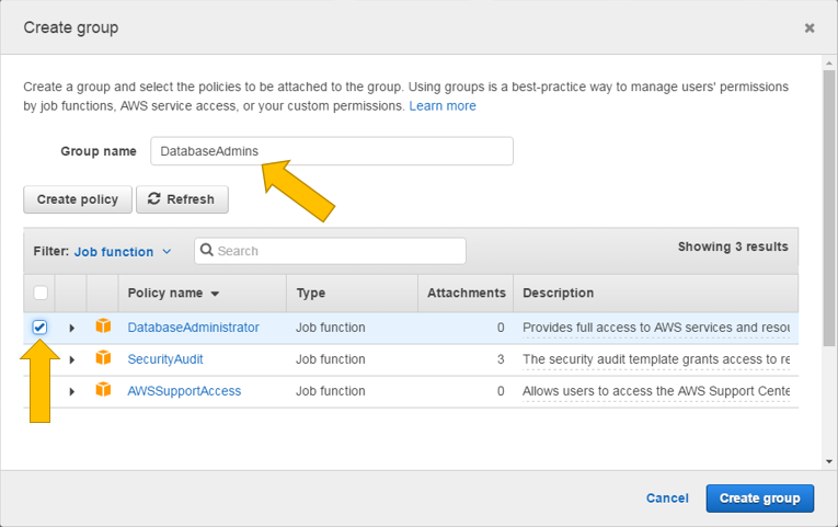 Screenshot of creating DatabaseAdmins group
