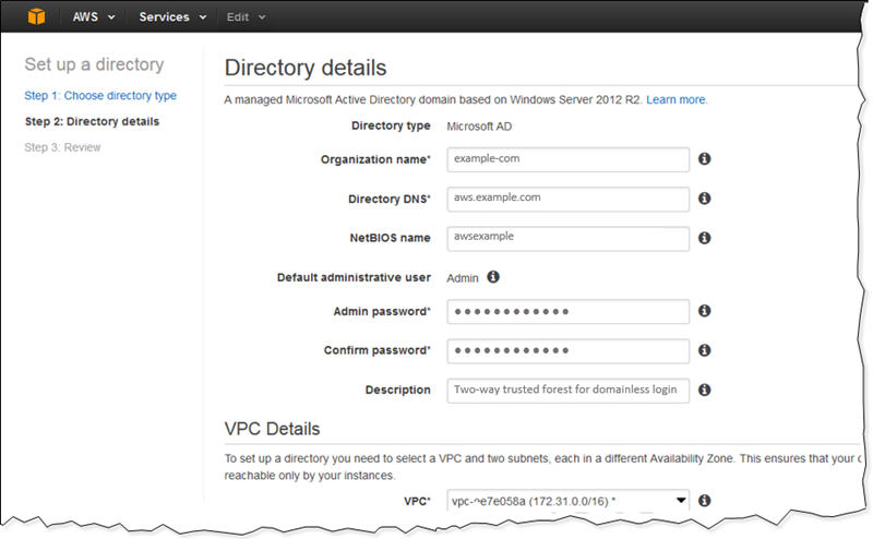 Screenshot of establishing directory details Screenshot of establishing directory details