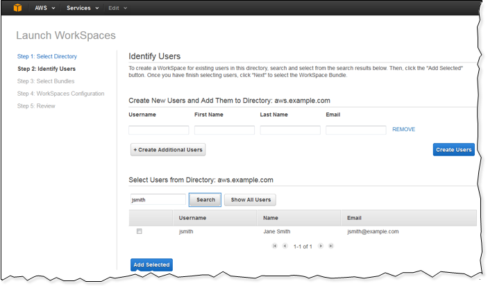 Screenshot of identifying users for whom to create a WorkSpace Screenshot of identifying users for whom to create a WorkSpace