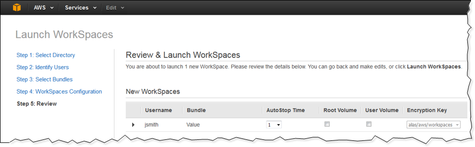Screenshot of reviewing the WorkSpaces configuration Screenshot of reviewing the WorkSpaces configuration