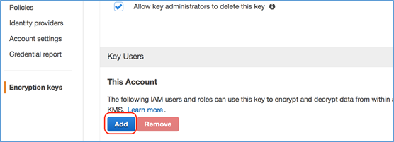 Screenshot of adding a new role that can use the KMS key