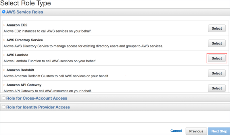 Screenshot of selecting AWS Lambda as role type